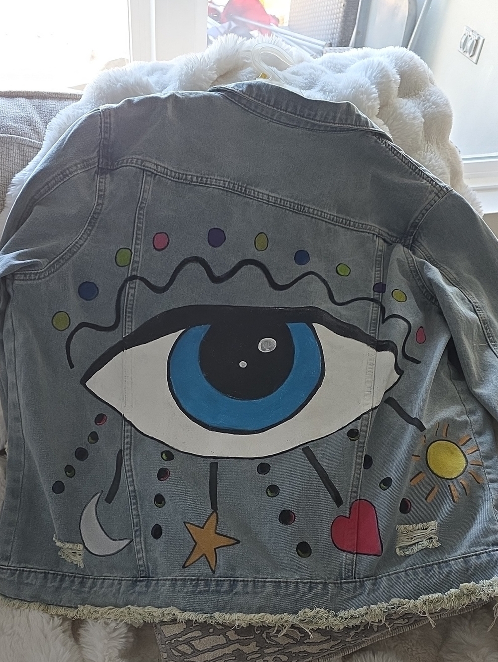 SHEIN Painted Blue Eye Denim Jacket with Multicolor Accents